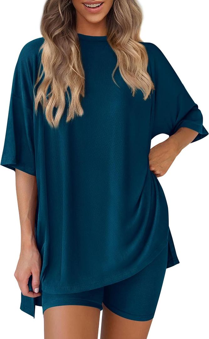 PrettyGarden Women 2 Piece Lounge Set 2026 Summer Casual Oversized Shirts Biker Shorts Matching Airport Travel Outfit Clothes, M