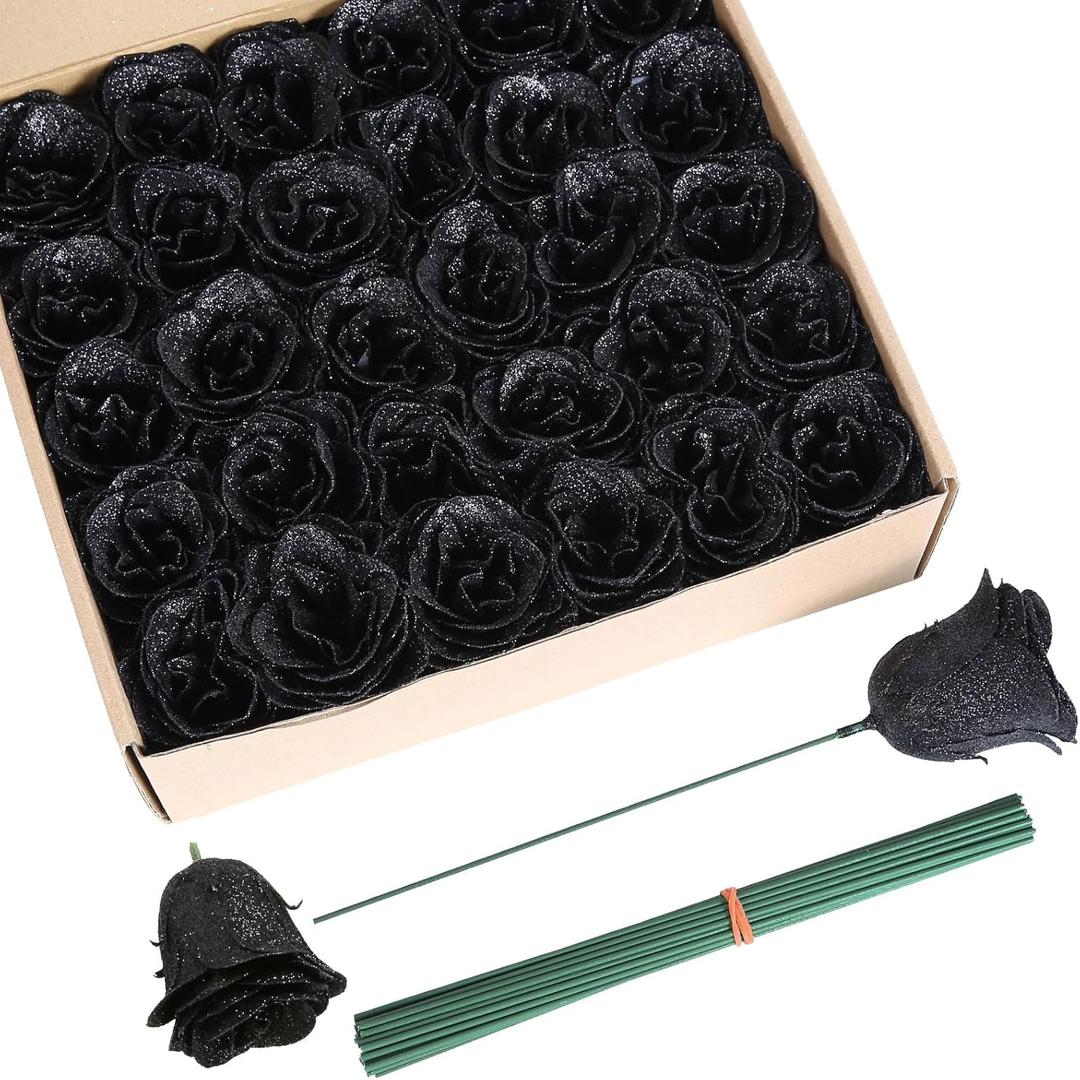 Black Roses Artificial Flowers, 30pcs Glitter Roses Artificial Roses with Stems for Crafts Wedding Bouquet Party Home Decor(Black)