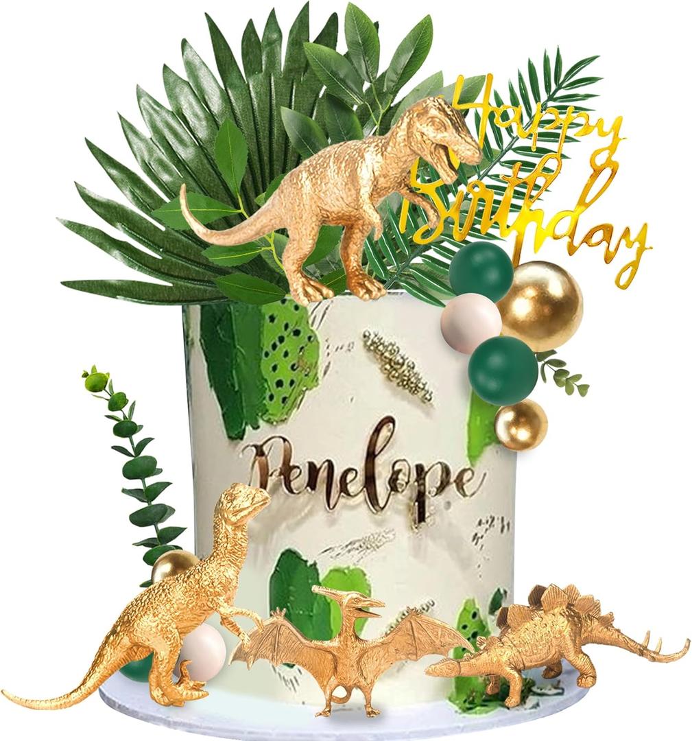 21 PCS Gold Dinosaur Cake Toppers Dinosaur Figures Green Ball Cake Decoration for Boy Girl Birthday Baby Shower Dinosaur Theme Party Supplies (Gold)