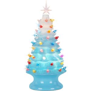 Lakumu 16.5" Table Top Christmas Tree, Hand Painted Resin Christmas Tree with Lights, Pre-lit Xmas Tree Decor Lighted Tabletop Decoration with Multicolored LED Bulbs, Ceramic-Like Finish, Blue