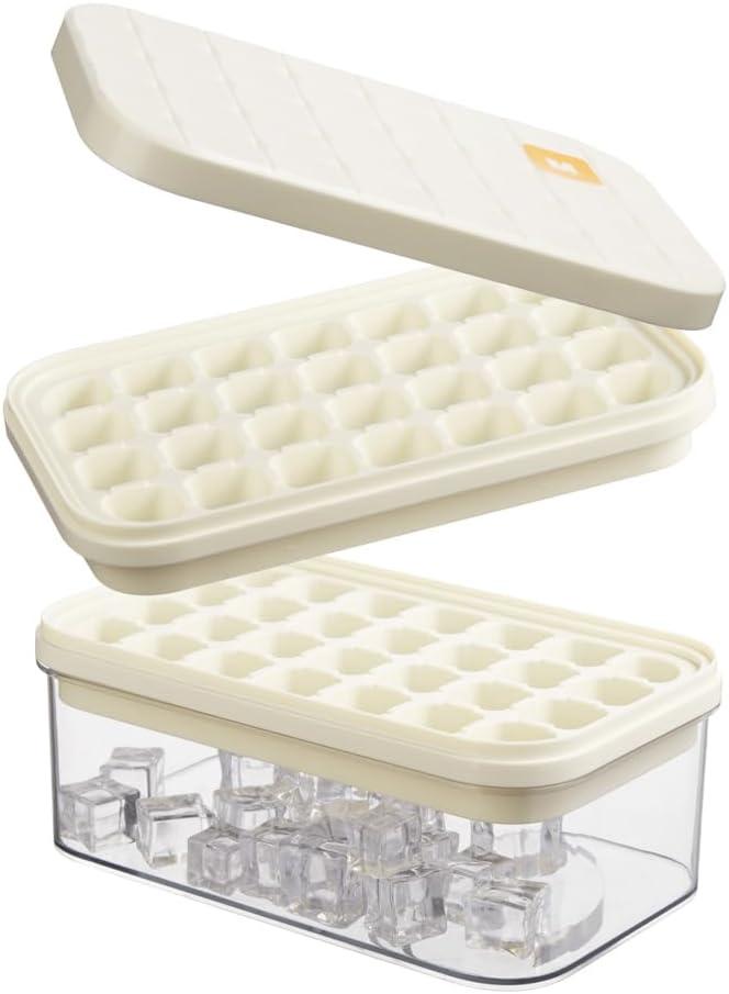 Brigii Ice Cube Tray with Lid&Bin, Ice Cube Mold with 56 Cubes, Stackable Ice Trays for Freezer with Easy-Release Silicone Bottom, for Drinks, Coffee, Cocktail (White)