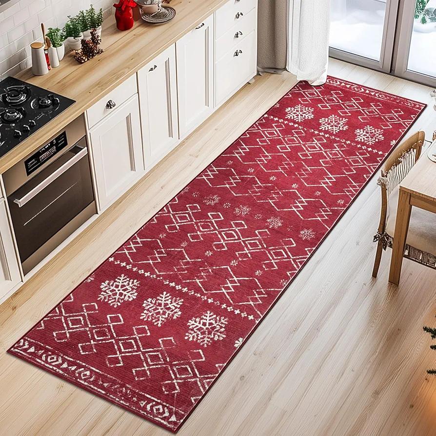 jinchan Christmas Runner Rug 3x10 Hallway Snowflake Runner Modern Kitchen Washable Non Slip Xmas Red Geometric Accent Rug Soft Thin Carpet for Bedroom Bathroom Laundry Room Living Room
