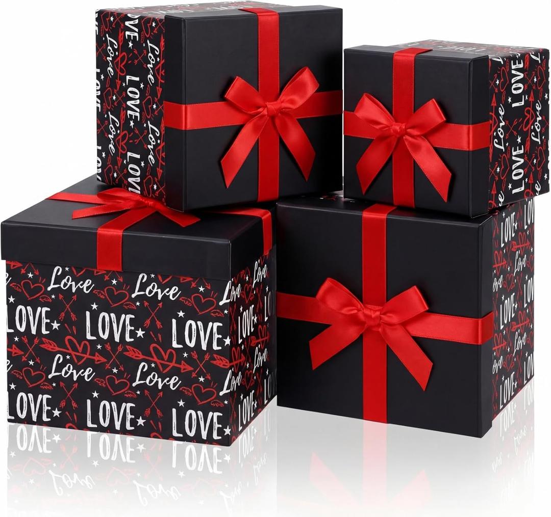 Epakh 4 Pcs Square Nesting Boxes Decorative Gift Boxes with Lids Black Red Hearts Assorted Sizes for Anniversary, Birthday, Wedding, Bridal Shower Party Gifts(Love)