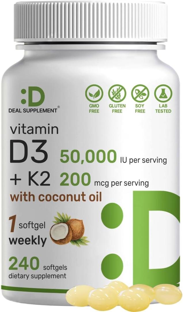 DEAL SUPPLEMENT Vitamin D3 50,000 IU + K2 MK7 200mcg Softgels, 240 Count | 2-in-1 Complex with Virgin Coconut Oil | Supports Heart, Bone, Teeth & Immune Health | Easy to Swallow