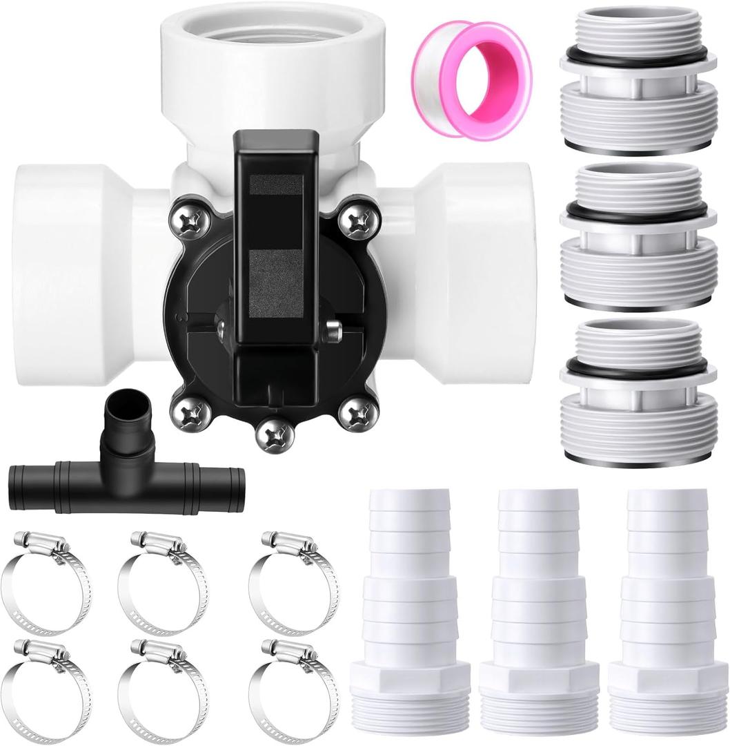 DoubleFill 3 Way Swimming Pool Diverter Valve Hose Adapter with Hose Clamps Replacement Slip Valve Filter Hose Conversion Kit with Seal Ring for 1 1/ 4'' or 1 1/ 2'' Filter Ports (White, Hose Adapter)