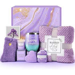 Birthday Gifts for Women, Self Care Get Well Soon Gifts, Lavender Relaxing Spa Gift Basket Care Package w Blanket, Valentines Mothers Day Christmas Gifts for Mom Grandma Wife Girlfriend Friends Sister (Purple)