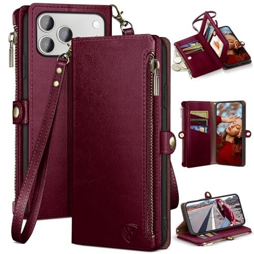 XcaseBar compatible with iPhone 17 Pro 6.3" Wallet case with Zipper Credit Card Holder【RFID Blocking】,Flip Folio Book PU Leather Phone case Shockproof Cover Women Men for Apple 17 Pro case Wine Red