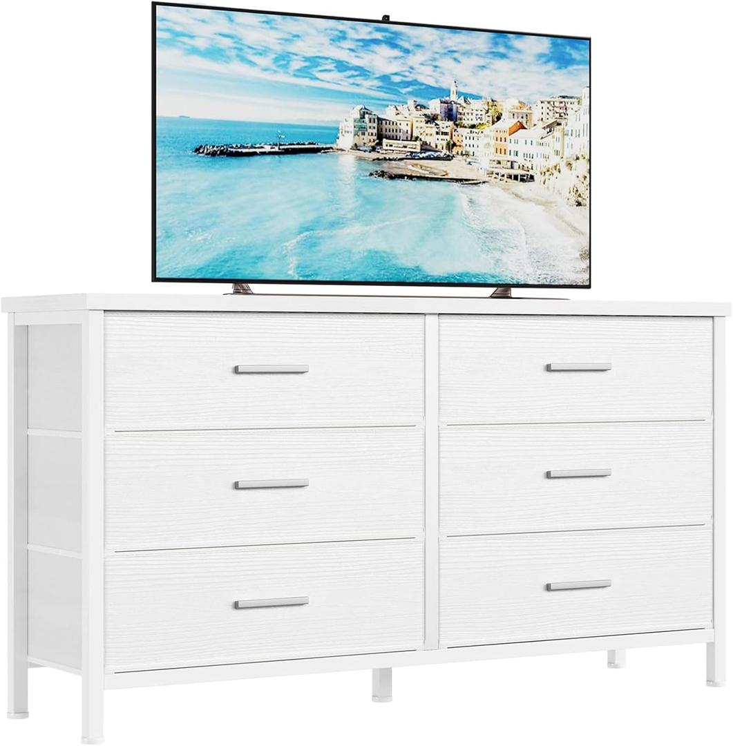 BOLUO Wide White Dresser for Bedroom 6 Drawer,Dresser TV Stand for 60" TV Dressers & Chests of Drawers Fabric Dresser for Closet Modern