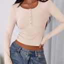 PRETTYGARDEN Women's 2025 Summer Long Sleeve Henley T Shirts Ribbed Knit Button Slim Fitted Basic Casual Going Out Fall Tops (Beige, M)