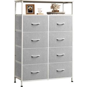 WLIVE Fabric Dresser for Bedroom with Open Shelves, Tall Dresser with 8 Drawers, Storage Tower with Fabric Bins, Chest of Drawers for Closet, Living Room, Hallway, Light Gray