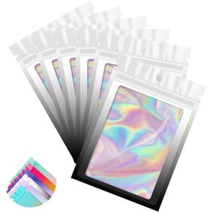 Funfery 100 Pack Gradient Holographic Bags,Mylar Resealable Bags with Zipper,Clear Window Packaging Pouch,Smell Proof Bag for Food Storage,Sample Jewelry Baggies(2.73.9in,White Black)