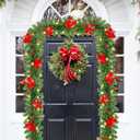 9ft Christmas Garland with Lights - Green Holiday Decorations for Home Stairs Fireplace Front, Warm White LED and Flowers (1 Pack)