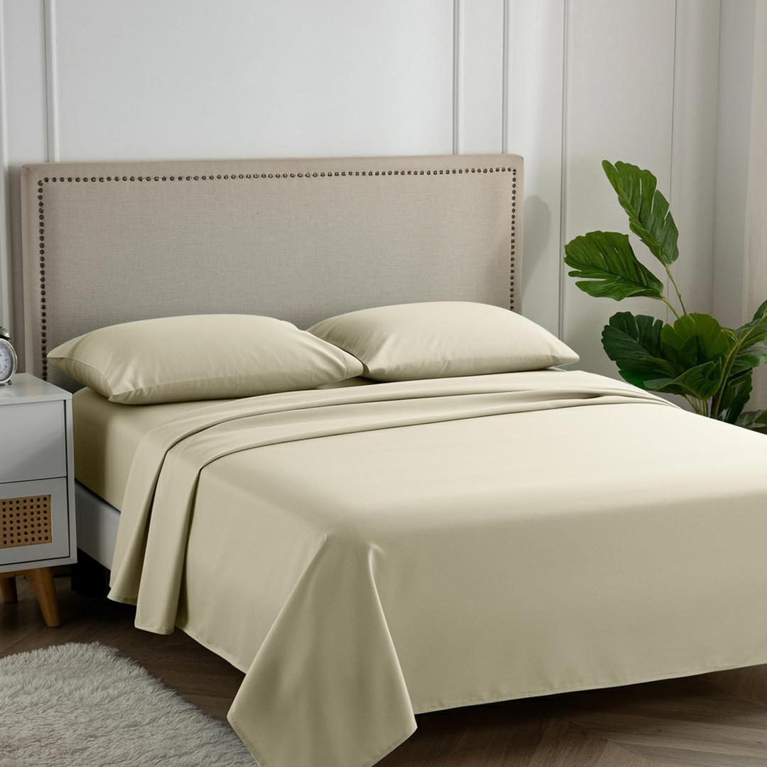 Carressa Linen 100% Egyptian Cotton Queen Sheet Set - 600 Thread Count Egyptian Cotton Queen Sheets Set (4 PC, Beach Sand) Ultra Soft, Cooling, 16" Deep Pocket Sateen Weave Luxury Hotel Bed Sheet