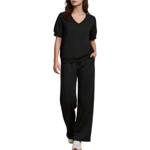 Womens 2 Piece Lounge Sets, Summer V Neck Short Sleeve Tops & Wide Leg Sweatpants (Black, M)