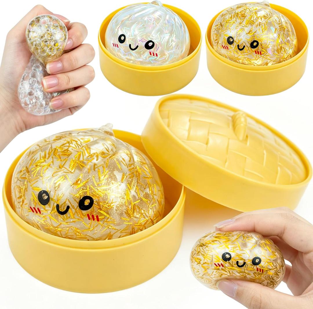 1Pc Dumpling Squishy Mystery Box,Ball with Water Beads Glitter Dumpling Squishy,Squeeze Dough Ball Stress Relief Hand Toys with Food Steamer Fidget Sensory Toy Easter Basket Stuffers