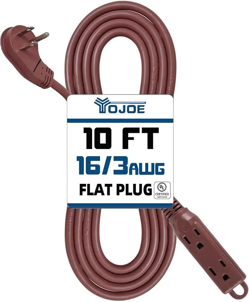 YOJOE 3-Outlets Flat Plug Indoor Extension Cord Outlet Extender, 3 Prong 10 ft 13A Power Strip, 16 Gauge Heavy Duty Brown Extension Cord, 16/3 SJTW, UL Listed