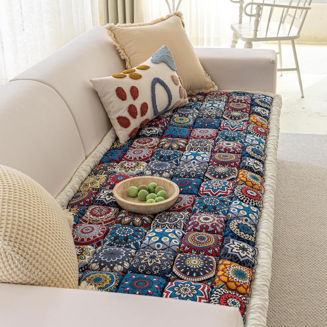Non Slip Couch Cover for Dogs, Washable Pet Sofa Cover for 3 Cushion Couch, Boho Style Slipcover, Pet Friendly Furniture Protector (Blue, 27.6 x 59 in)