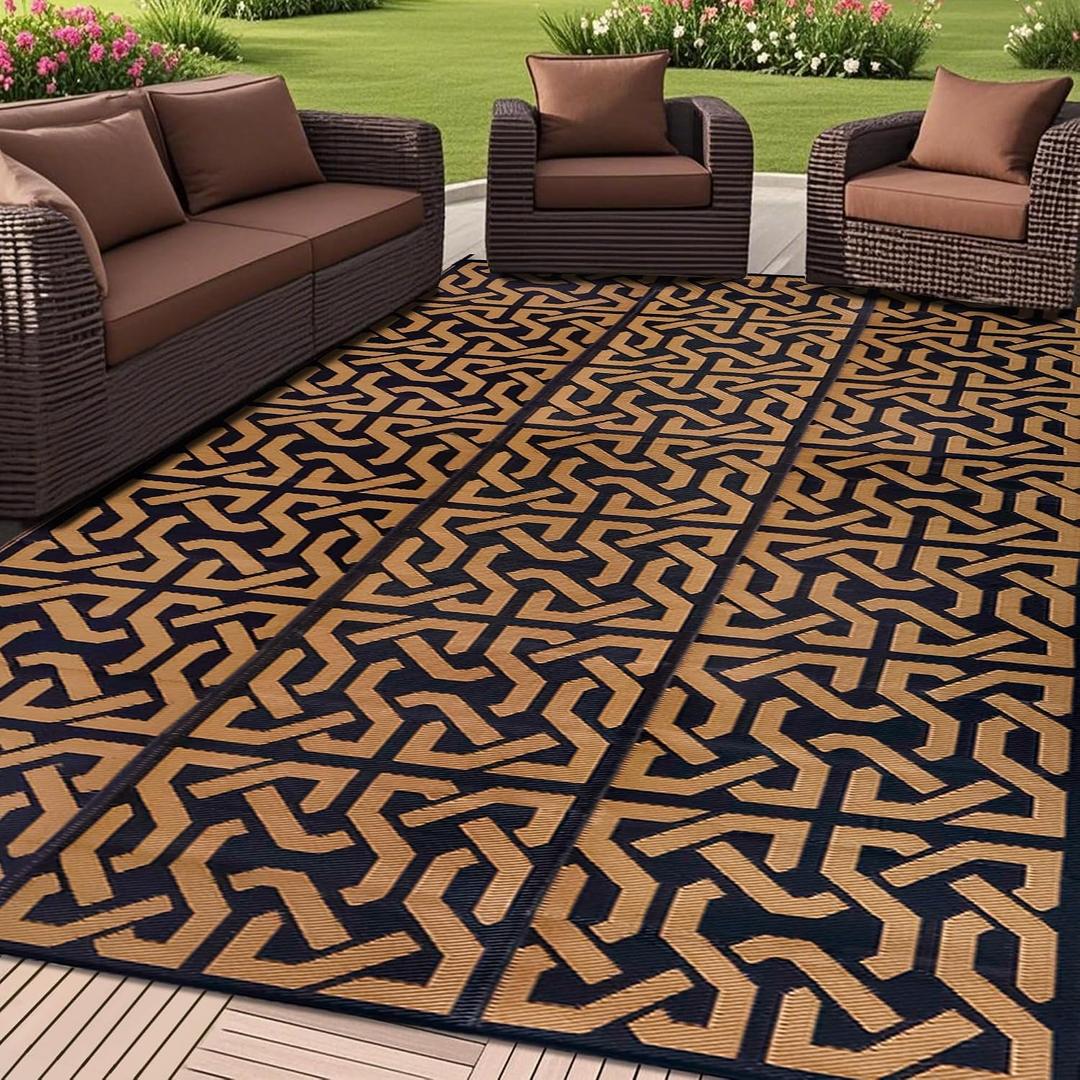 SAND MINE Reversible Mats, Plastic Straw Rug, Modern Area Rug, Large Floor Mat and Rug for Outdoors, RV, Patio, Backyard, Deck, Picnic, Beach, Camping, Trailer, Black & Brown, 9' x 18'