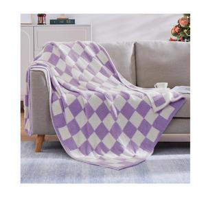 Checkered Throw Blanket, Purple Soft Cozy Fluffy Warm Hand Made Throw Blankets for Couch, Sofa, Chair, Bed, Camping, Picnic, Travel Lightweight Bed Blanket - 80 x 68