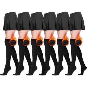 4 x Toulite 6 Pairs Fleece Lined Thigh High Socks Warm Thick Elastic over Knee Leg Warmers for Women Boot Stocking for Winter (Black)