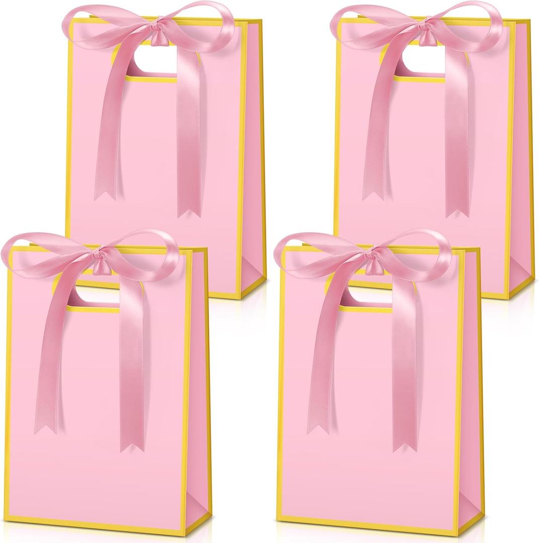 Kolldenn 30 Pcs Thank You Gift Bags with Handles 10.2 x 7.1 x 3.2 Inch Elegant Party Favor Bags with Ribbon Bow for Wedding Bridal Birthday Bridesmaid Holiday Party Supplies (Pink)