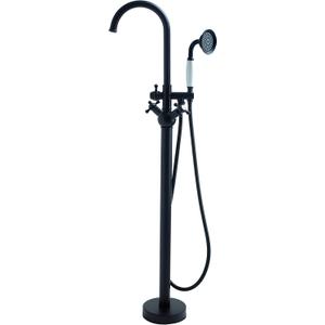 SITGES Solid Brass Freestanding Bathtub Faucet, Bathroom Floor Mount Tub Filler, Dual Function Double Cross Handles with Ceramic Hand shower, Matte Black