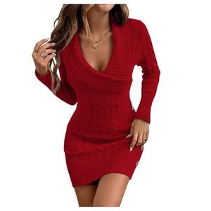 SOLY HUX Women's Elegant Wrap V Neck Mini Sweater Dress Long Sleeve Button Bodycon Ribbed Knit Dresses Pure Red Large