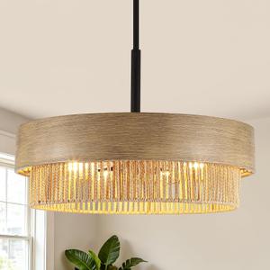 23.6" Large Wood Texture Drum Chandelier for Dining Room with Woven Rattan