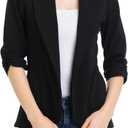 Women's 3/4 Ruched Sleeve Lightweight Work Office Blazer Jacket (S-3XL) (Black)