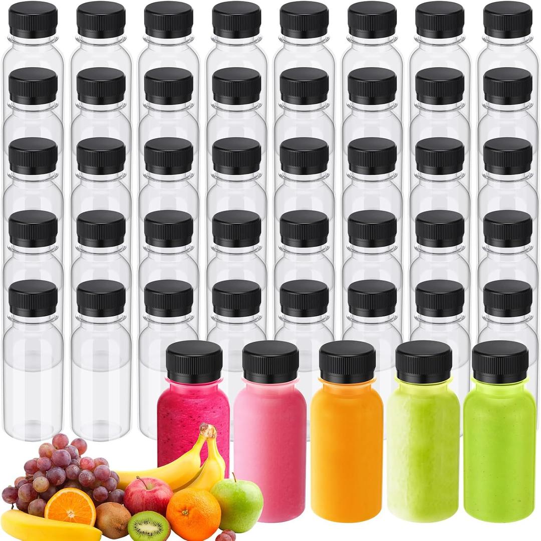 Blushtier 50 Pcs 3.4 oz Plastic Shot Bottles for Juicing, Ginger Shot Bottle with Lids, Reusable Bulk Beverage Tanks for DIY, Wedding, Party
