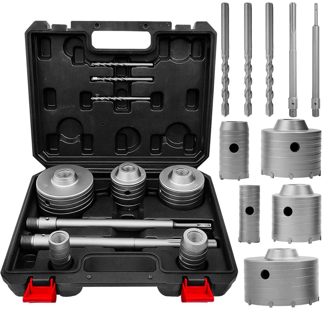 10-Pieces Concrete Hole Saw Kit with 3 Drill Bits and SDS Plus & Max Shank, Masonry Hole Saw Kit Size 30, 40, 65, 80, 100 MM for Brick, Block, Concrete Drilling.