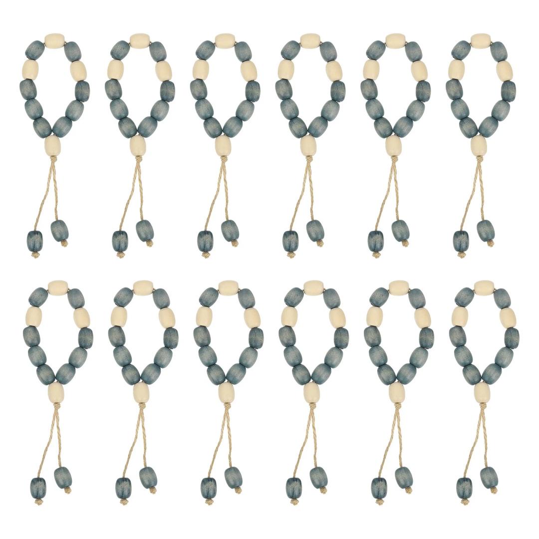 12 Pcs Wooden Bead Napkin Rings with Jute Rope Tassels (White/Blue)