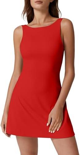 QINSEN Womens Open Back Tennis Dress Sleeveless Built in Shorts Golf Athletic Dress with Pockets Large, Red 