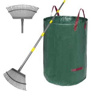 Adjustable Garden Rake for Leaves 36-73" Long Handle, 18" Wide, Heavy Duty with 25 Metal Tines Includes 32Gallon Leaf BagsDesigned for Lawns, Grass, Shrubs Flower Beds