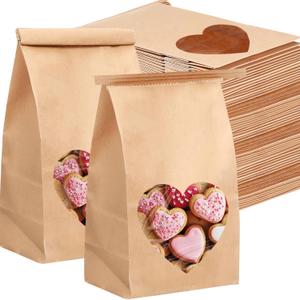 Fullhawl 60 Pcs Small Brown Cookie Treat Bags with Window 4 x 2.36 x 6.7 Inch Brown Kraft Paper Bakery Bags Bulk with Tin Tie for Candy Coffee Bean Goodie Wedding Anniversary Party Favors
