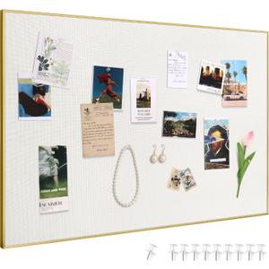 SELEAD Linen Bulletin Board 30” x 20” - Golden Aluminum Frame, Beige Fabric