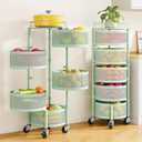SNTD Fruit and Vegetable Basket Bowls for Kitchen with Metal Top Lid, 5 Tier Rotating Storage Rack Cart for Potato Onion Bread Banana, Wire Basket Organizer on Wheels, Large (Green)