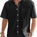J.VER Men's Linen Short Sleeve Shirts Cotton Casual Lightweight Button Down Shirt Beach Vacation Summer Tops with Pocket (Black, XL)