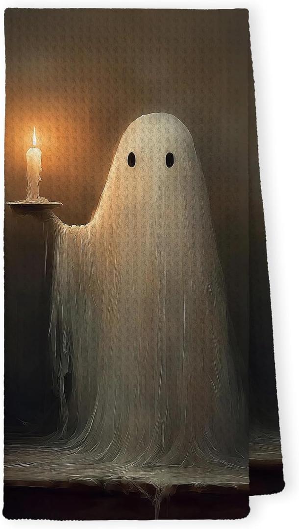 Halloween Ghost Kitchen Towels - Dark Academia Decor Hand Towel for Bathroom, Vintage Spooky Ghost Holding Candle Halloween Hand Tea Towel for Bathroom Kitchen, 16x24inch