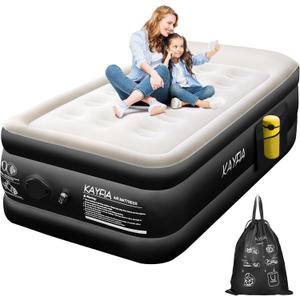 Twin Air Mattress with Built-in Rechargeable Pump Quick Set up Inflatable Mattress under 3 Mins for Camping & Portable Travel Blow up Bed Leak-free Luxury 18" Flocked Air Bed with Raised Pillow, Black