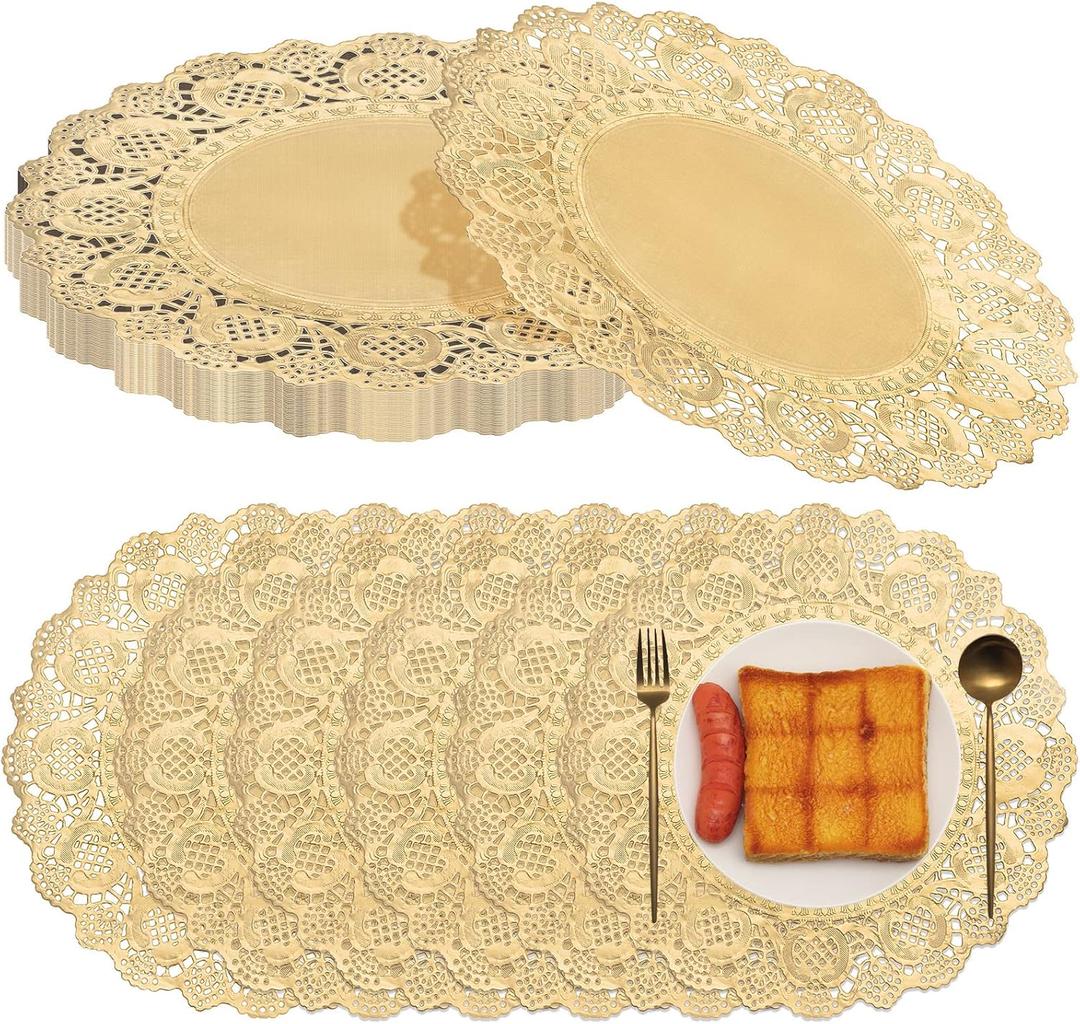 Gueevin 200 Pcs Paper Doilies for Tables Lace Round Paper Placemats Decorative Disposable Placemats Doily Pad for Dinner Plates Dessert Crafts Wedding Tableware (Gold,12 Inch)