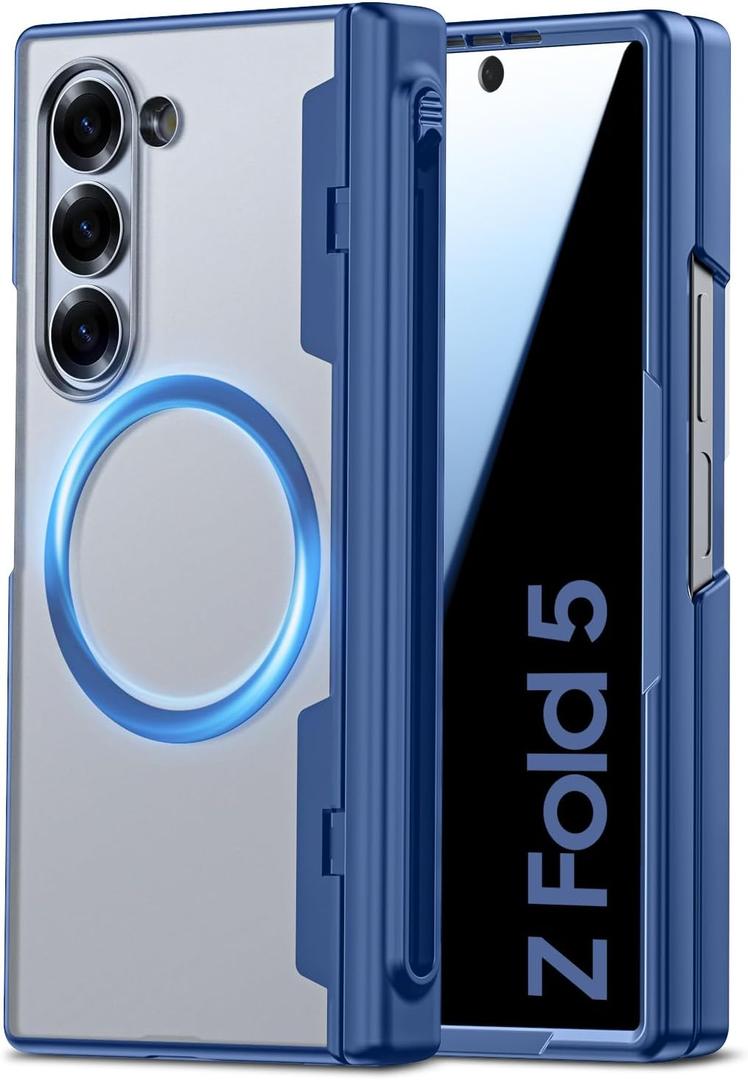 for Samsung Galaxy Z Fold 5 Case with MagSafe, [Built-in Privacy Screen Protection] [S Pen Holder & Hinge Cover] Translucent Matte Strong Magnetic Shockproof Case for Galaxy Z Fold 5 (Blue)