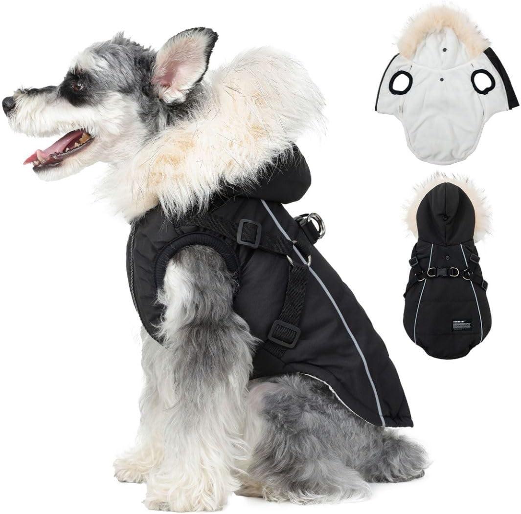 PINA Dog Coat with Built in Harness, Dog Jacket with Faux Fur Hood, Dogs Vest with Reflective Strap for Small Medium Large Dogs, Black, L (L(chest:18.8in, 9.9-12.1lb))