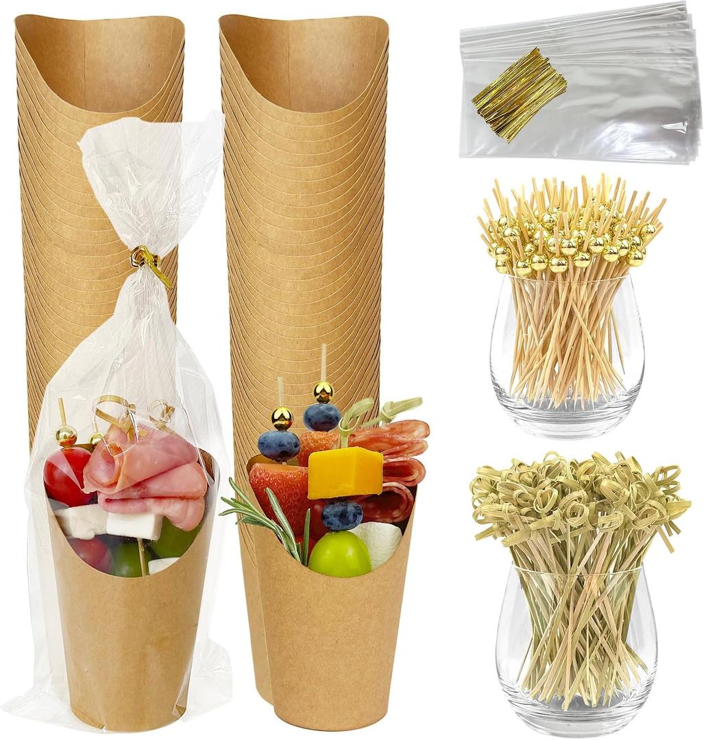 CAMKYDE 50 Sets Disposable Charcuterie Cups with Sticks and Bags, 12 oz Brown Kraft Paper Snack Appetizers Cup French Fry Holder with Cocktail Picks Toothpicks (50 Cups+50 Bags+200 Sticks)