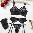 Women's Sexy Lingerie with Waist Garter Embroidered Lace Flower Bra and G-String 4 Piece Lingerie Sets (Black, S)
