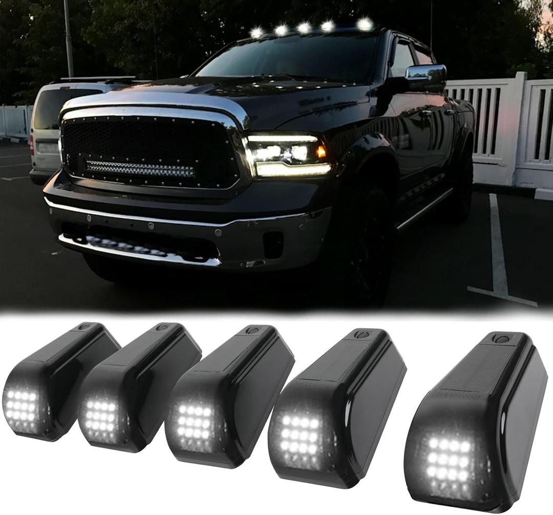 5PCS Solar Cab Lights White Wireless No Drill Car Roof Top Marker 12 LED Warning Light Smoke Lens IP67 Waterproof Truck Roof Light Compatible with Pickups Trucks Ford Dodge Ram GMC Toyota SUV