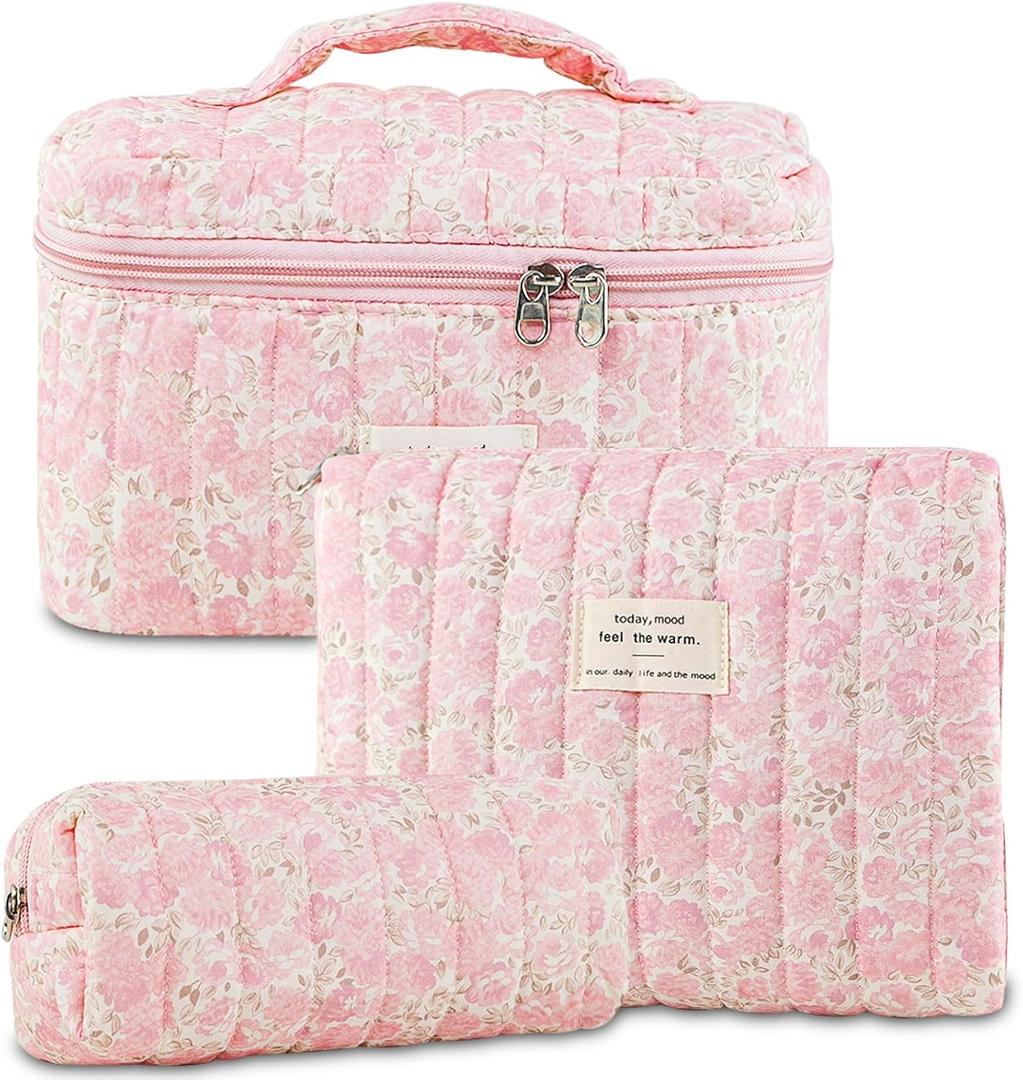 3Pcs Quilted Makeup Bag for Women, Large Travel Makeup Bag Set, Cute Aesthetic Cosmetic Bags, Floral Cotton Makeup Pouch Coquette Toiletry Organizer Bag (Pink rose)