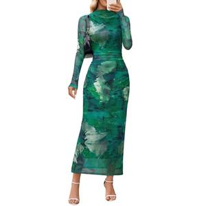 MEROKEETY Women's Spring Wedding Guest Dress 2026 Long Sleeve Bodycon Floral Mesh Fall Cocktail Holiday Party Maxi Dresses, Green, L