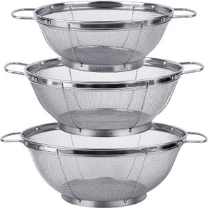 3 Pack 18/8 Stainless Steel Colander Sieves(5-Quart, 4-Quart and 3-Quart), Mesh Strainer Net Baskets with Handles & Resting Base for Strain, Drain, Rinse or Steam