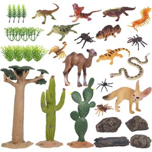 Lohoee 34Pcs Desert Animal Figurines Set Breadfruit Cactus Model Trees Kit with Camel Fox Lizard Snake Rock Reptiles Playset Toys for Cake Toppers School Projects or Birthday Gift